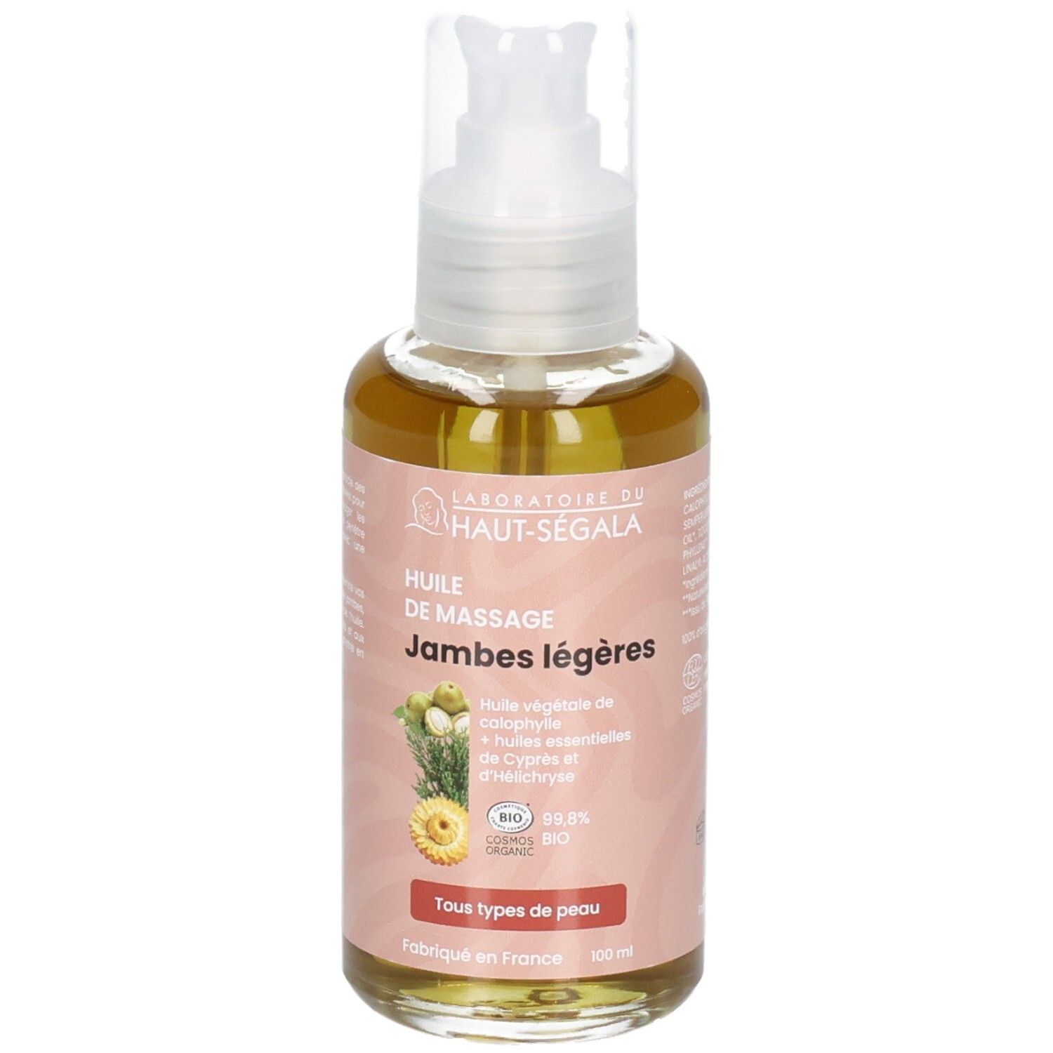 Flacon pompe, Huile de massage jambes légères Laboratoire du Haut-Ségala, certifiée BIO.