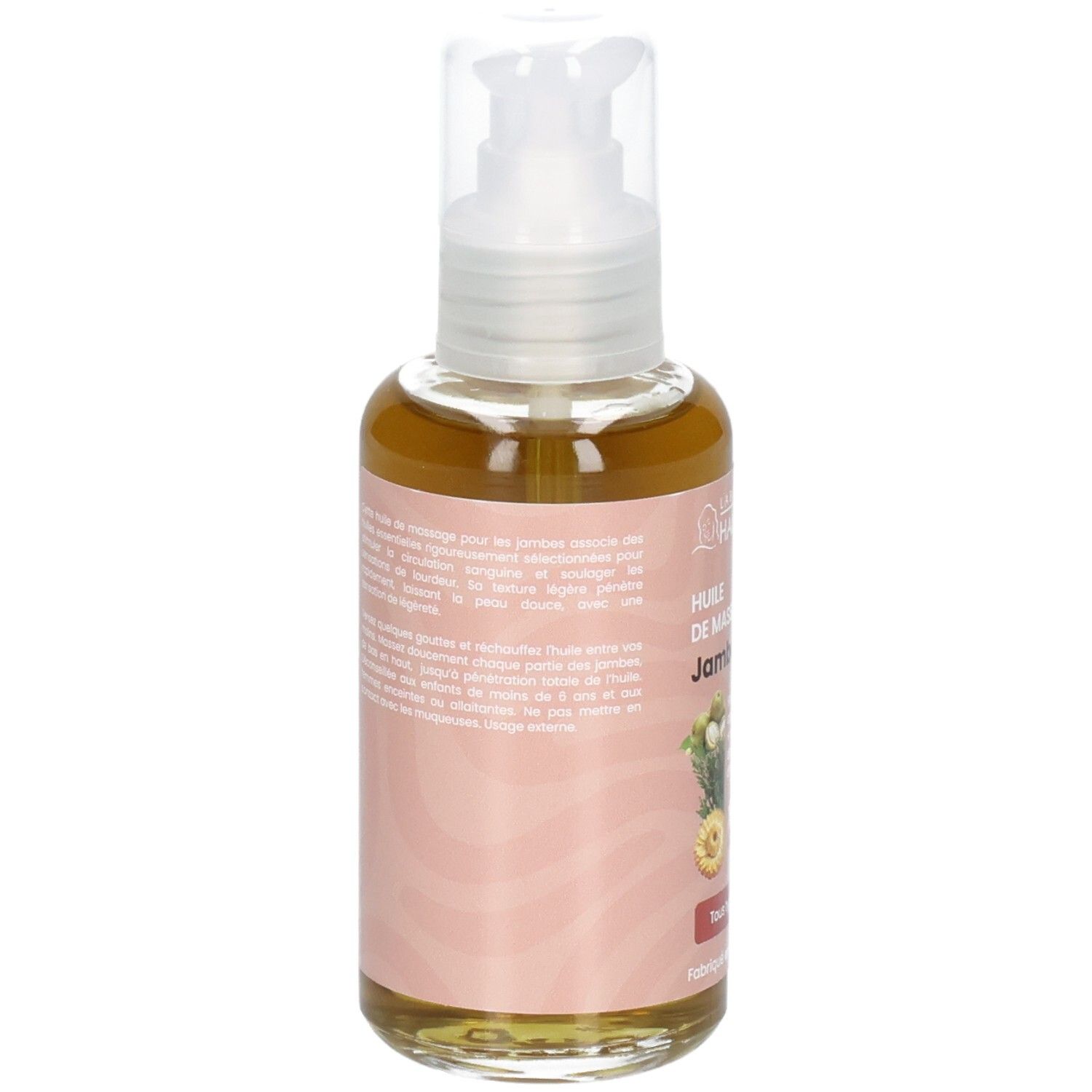 Arrière du flacon pompe, Huile de massage jambes légères Laboratoire du Haut-Ségala.