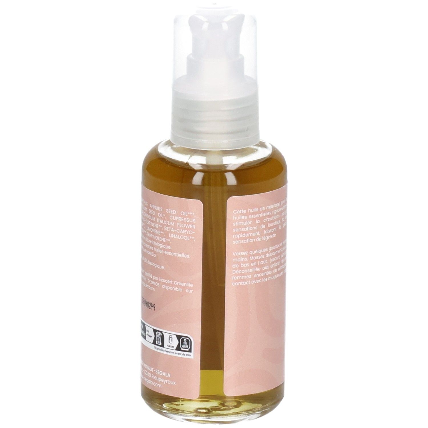 Vue latérale du flacon pompe, Huile de massage jambes légères Laboratoire du Haut-Ségala.