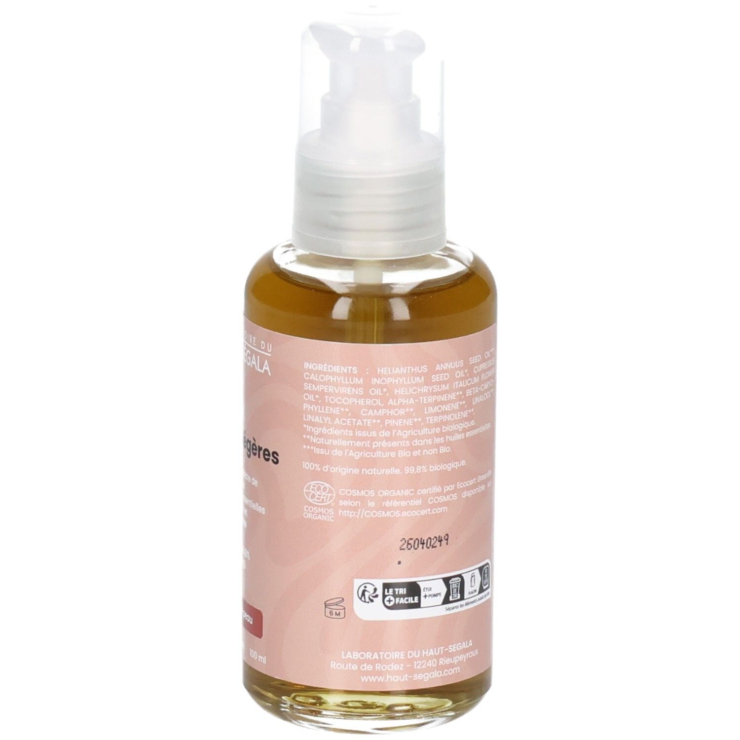 Arrière du flacon pompe, Huile de massage jambes légères Laboratoire du Haut-Ségala, certification BIO.