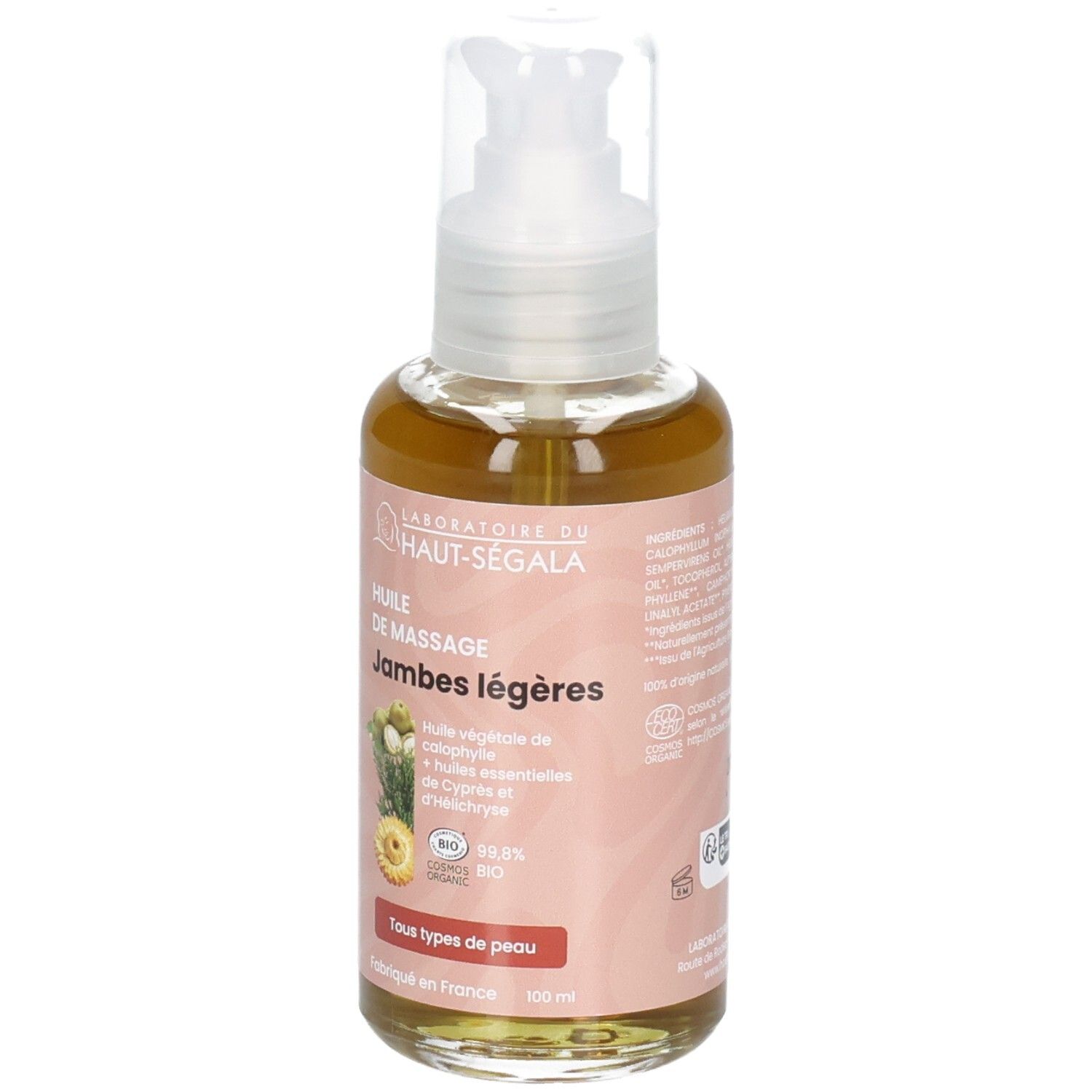 Flacon pompe, Huile de massage jambes légères Laboratoire du Haut-Ségala, certification BIO.