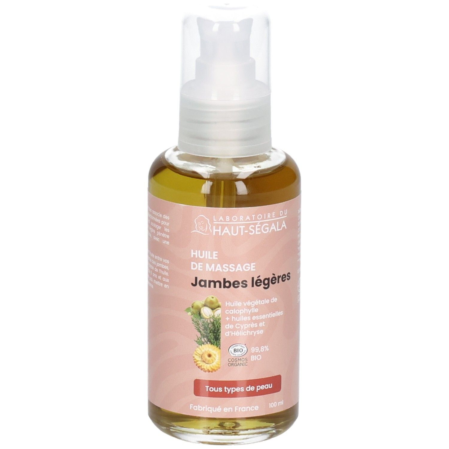 Flacon pompe, Huile de massage jambes légères Laboratoire du Haut-Ségala, certification BIO.