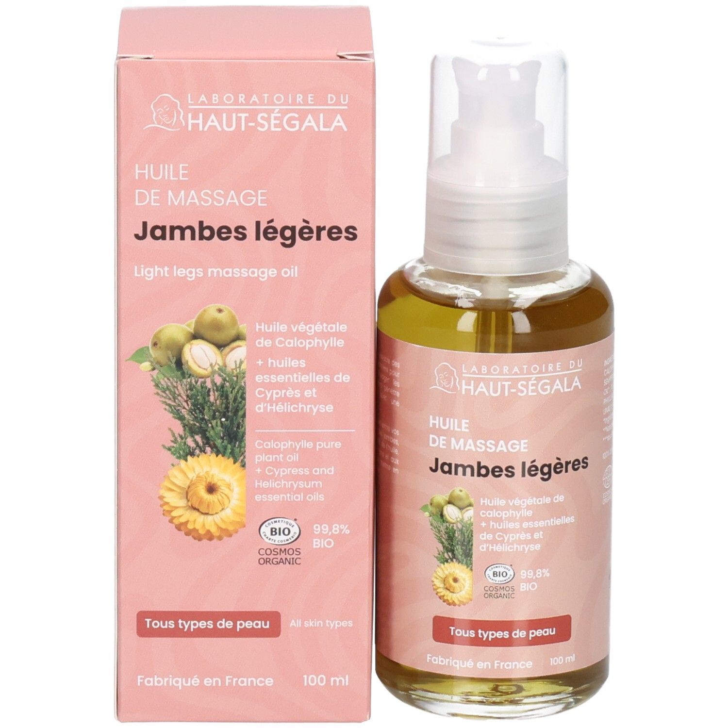 Boîte et flacon, Huile de massage jambes légères Laboratoire du Haut-Ségala, certifiée BIO.