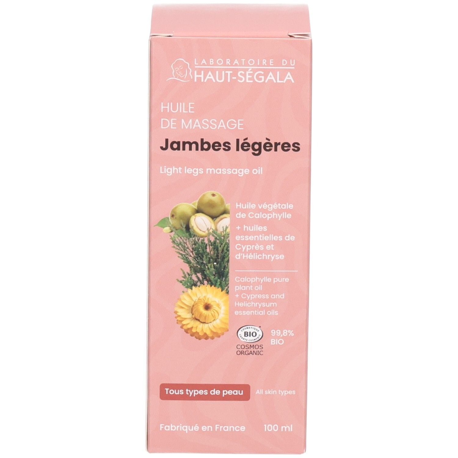 Boîte et flacon, Huile de massage jambes légères Laboratoire du Haut-Ségala, certifiée BIO.