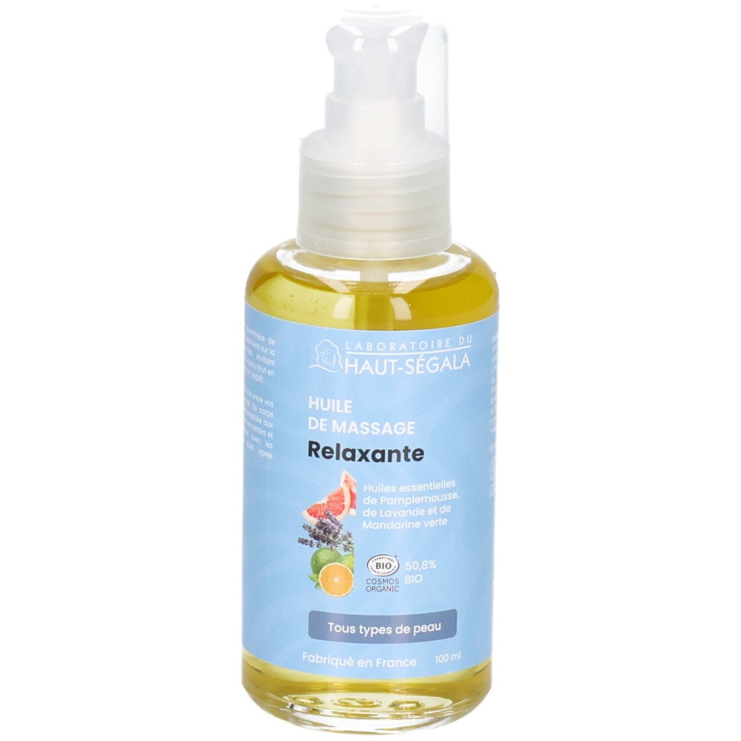 Flacon pompe, huile de massage relaxante, certifiée BIO.