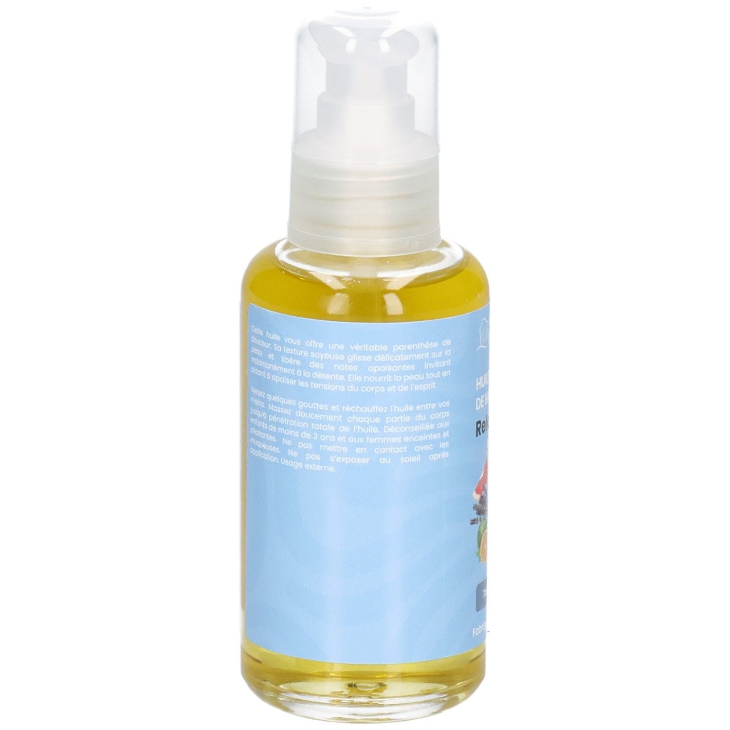 Arrière d'un flacon pompe, huile de massage relaxante, certifiée BIO.