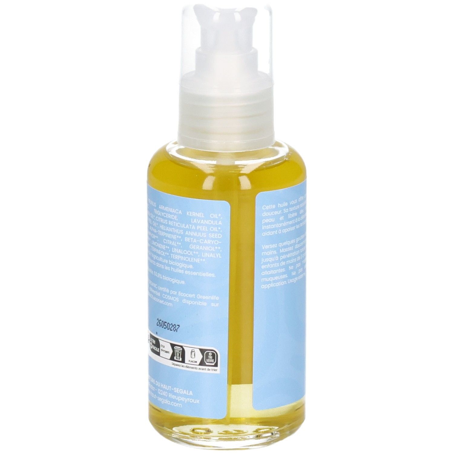 Vue latérale d'un flacon pompe, huile de massage relaxante, certifiée BIO.
