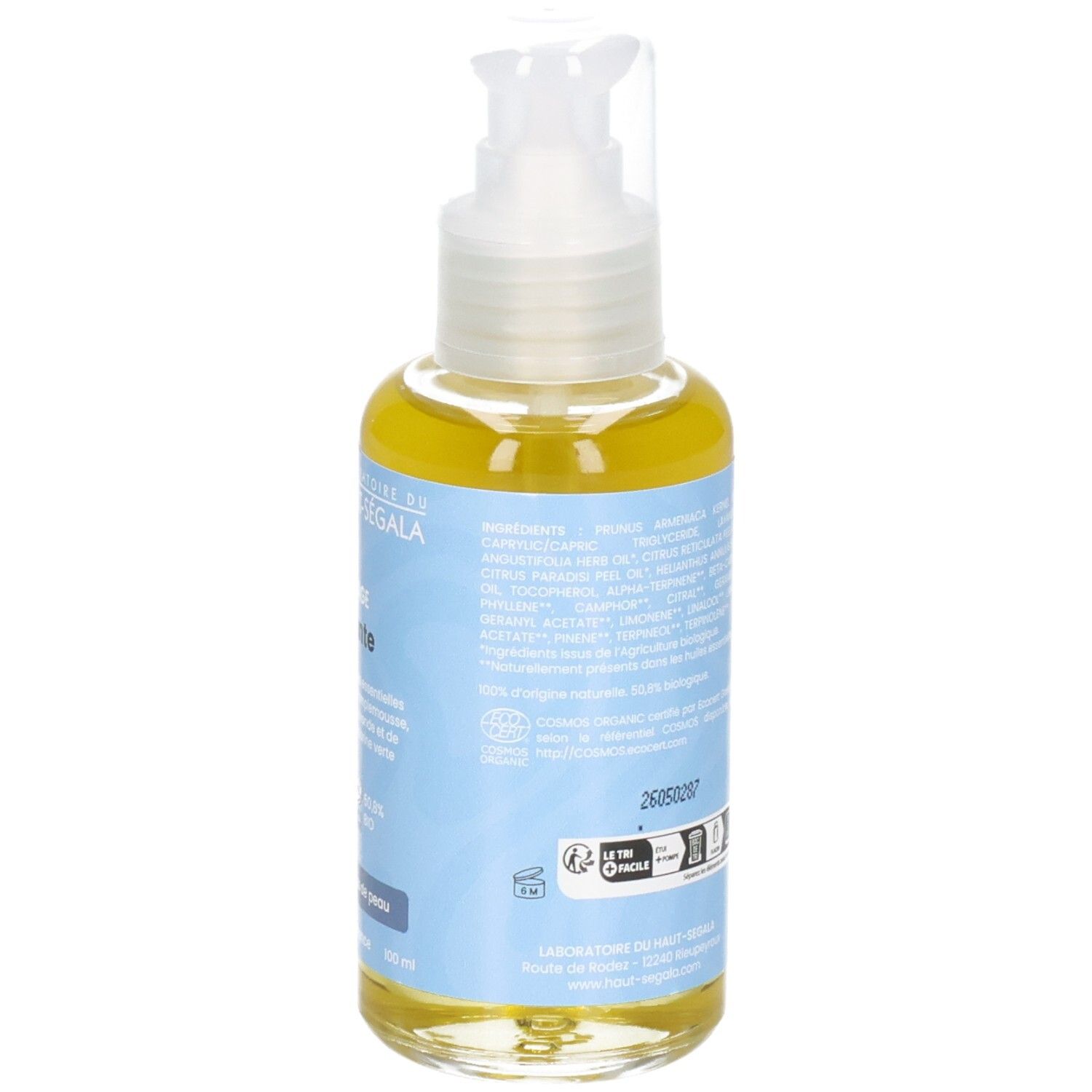 Vue latérale d'un flacon pompe, huile de massage relaxante, certifiée BIO.