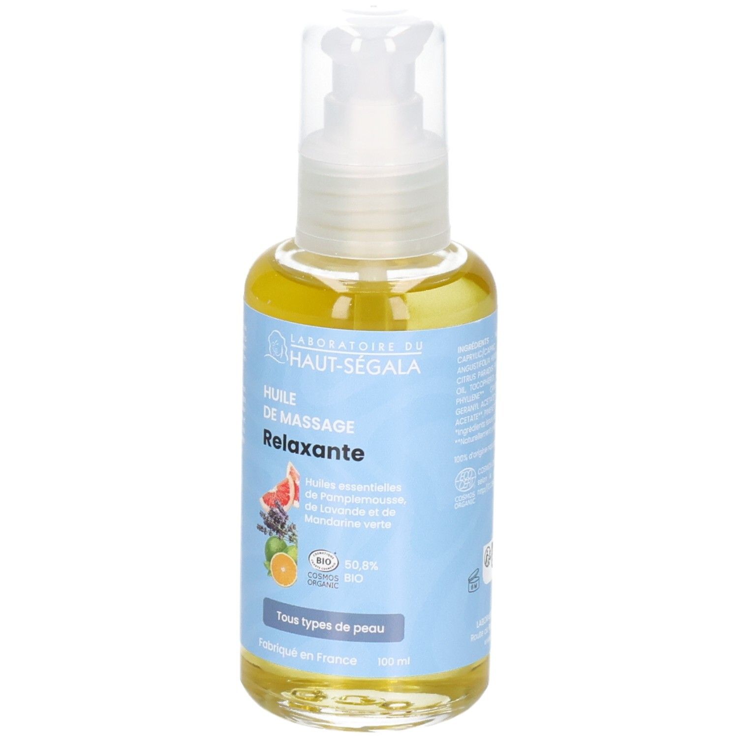 Flacon pompe, huile de massage relaxante, certifiée BIO.