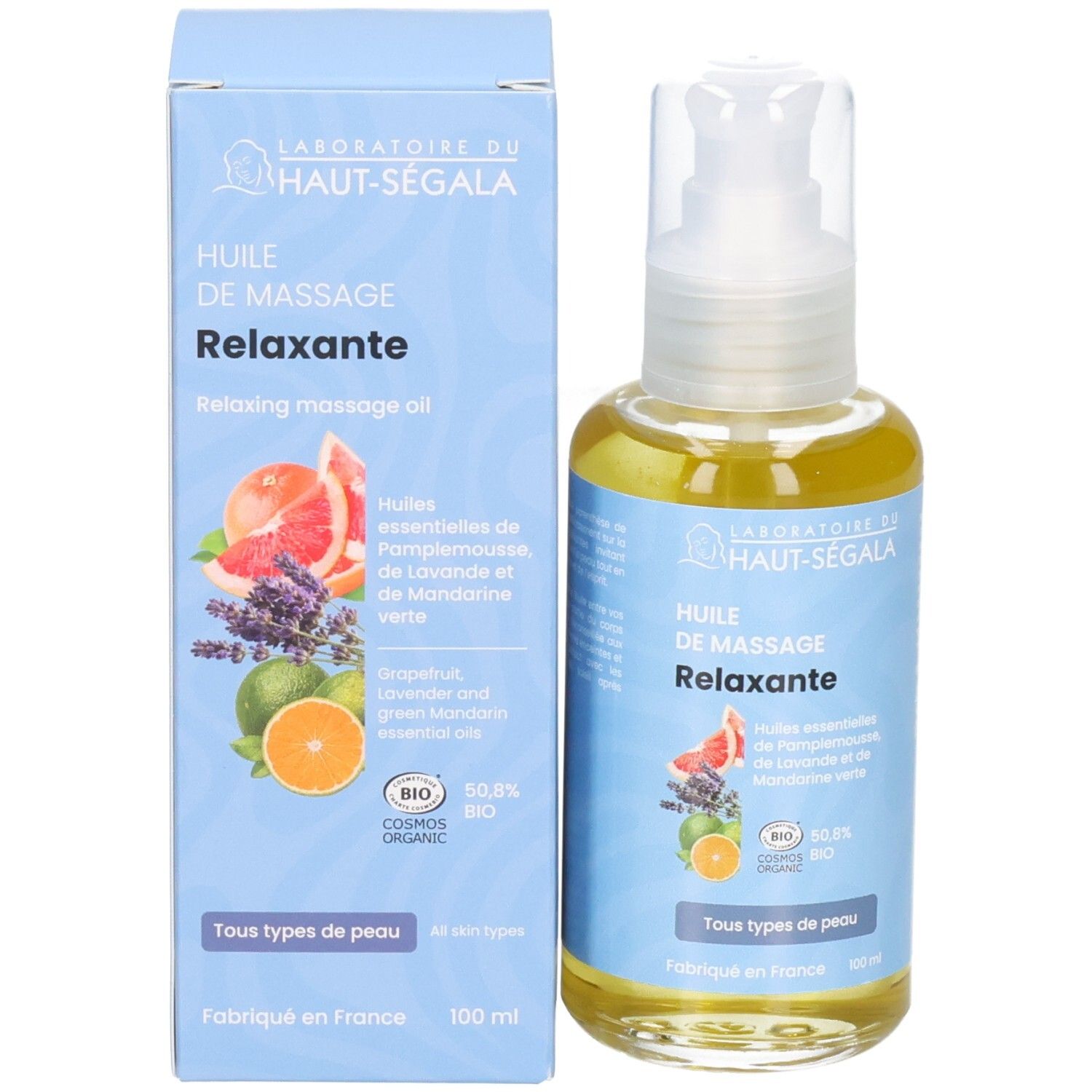 Flacon et boîte, huile de massage relaxante, certifiée BIO.
