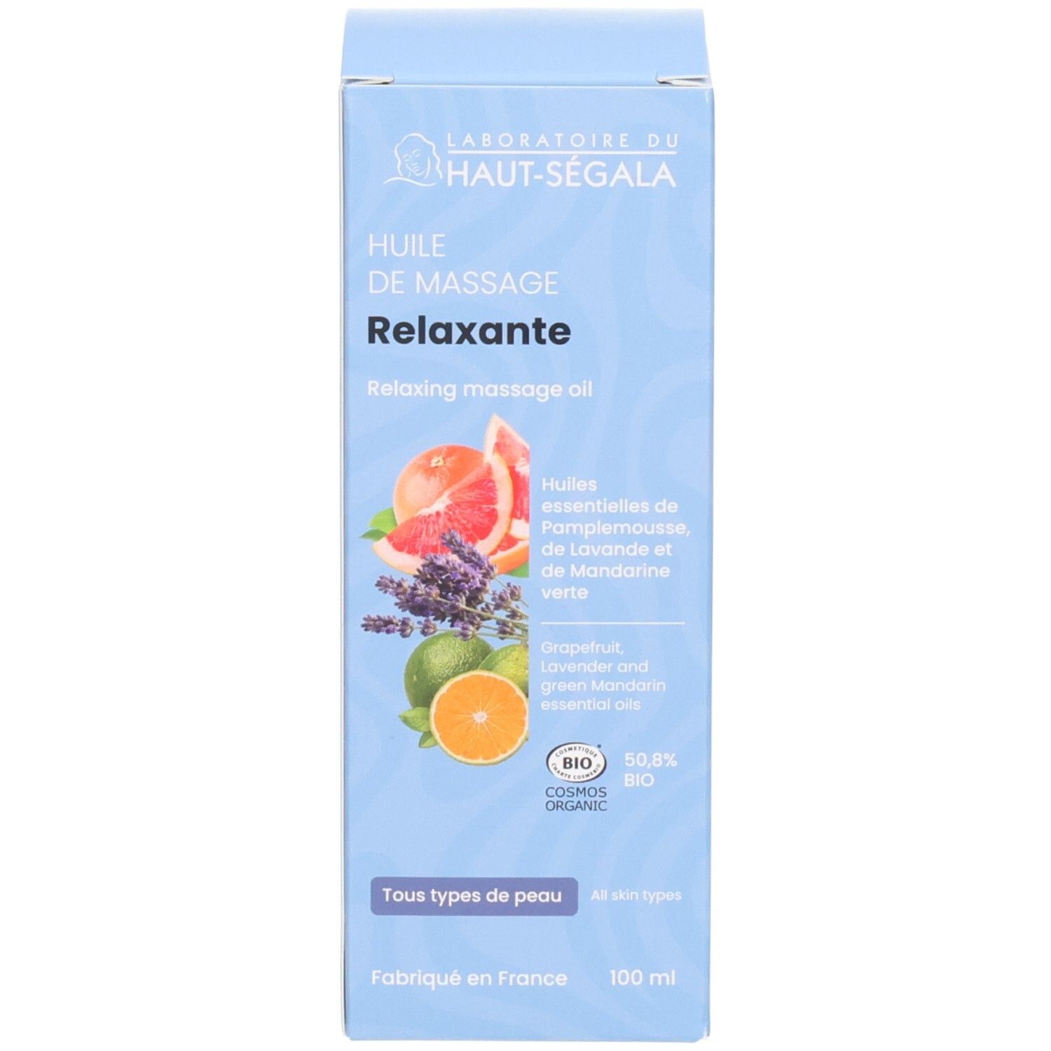Boîte, huile de massage relaxante, certifiée BIO.