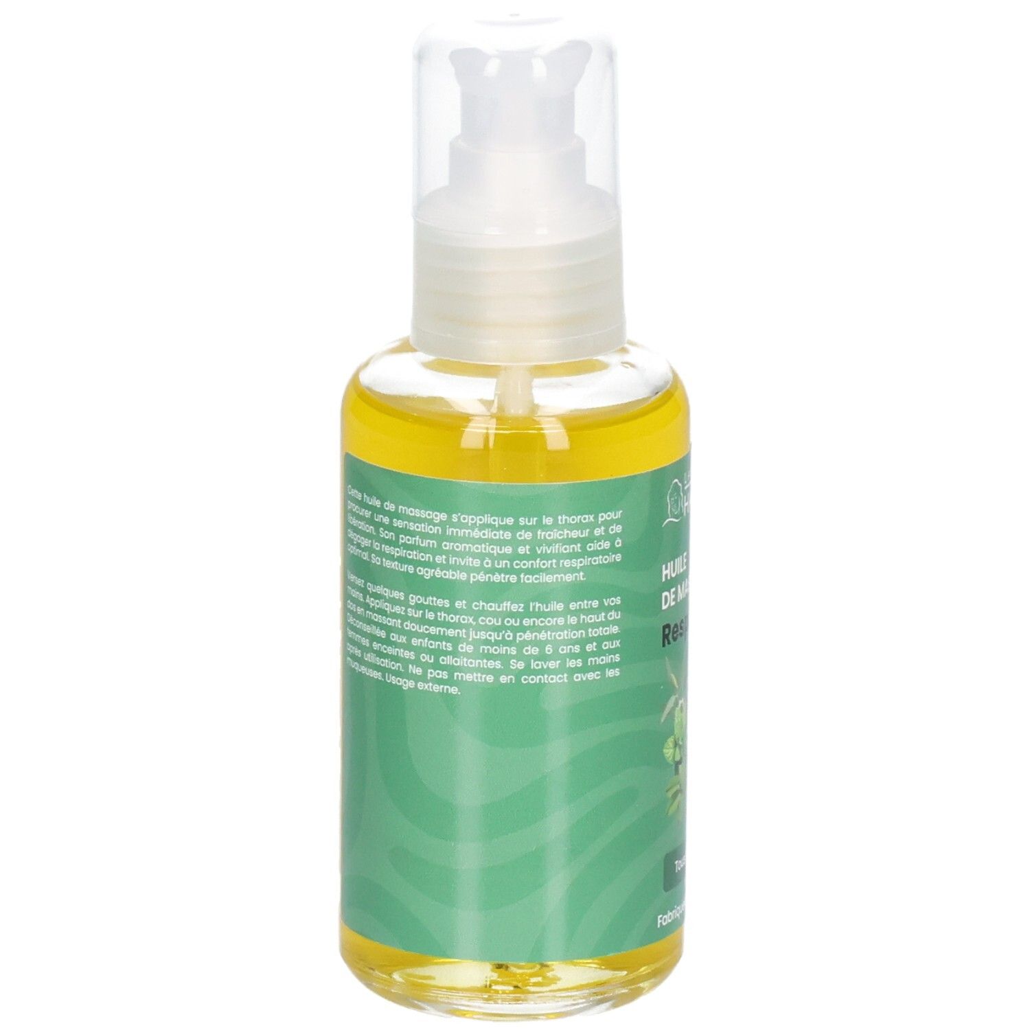 Flacon pompe, huile jaune, emballage vert avec motif végétal.