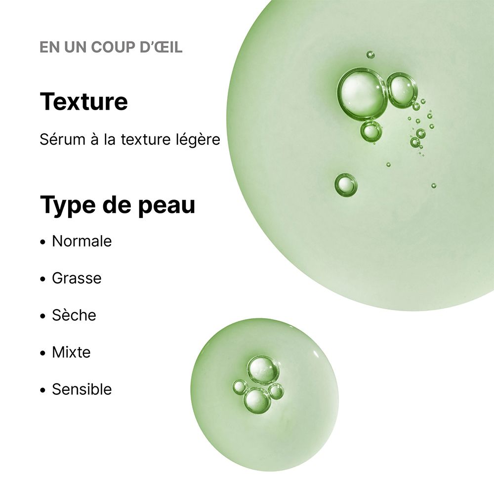 Texture et types de peau pour le Sérum SkinCeuticals Phyto Corrective. Texture légère pour peaux normales, grasses, sèches, mixtes et sensibles.
