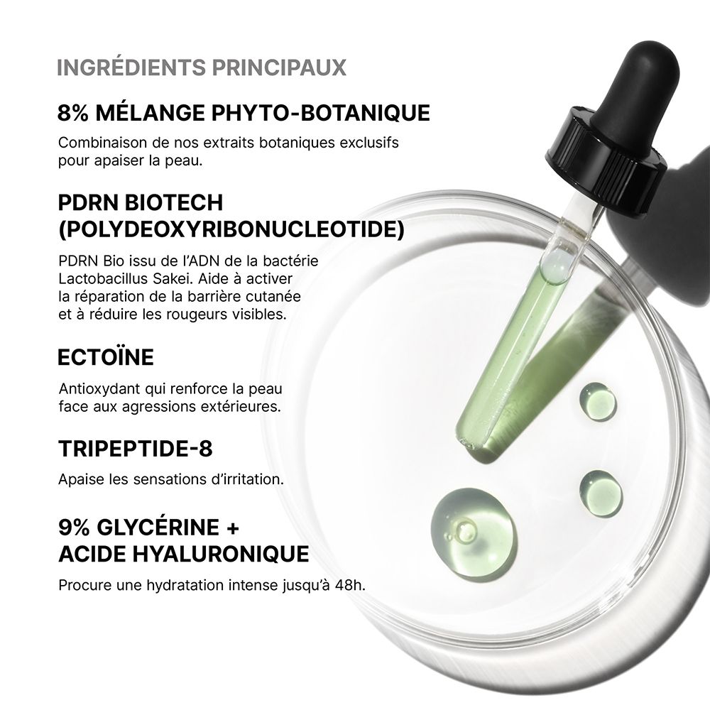 Ingrédients principaux du Sérum SkinCeuticals Phyto Corrective : Mélange Phyto-Botanique, PDRN Biotech, Ectoïne, Tripeptide-8, Glycérine.