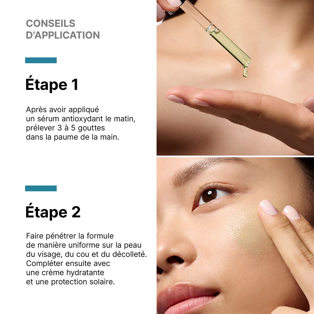 Étapes d'application du Sérum SkinCeuticals Phyto Corrective : Appliquer 3 à 5 gouttes matin et soir sur le visage, le cou et le décolleté.