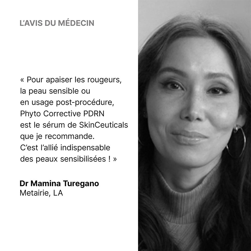 Recommandation médicale pour le Sérum SkinCeuticals Phyto Corrective PDRN pour apaiser les rougeurs des peaux sensibles.
