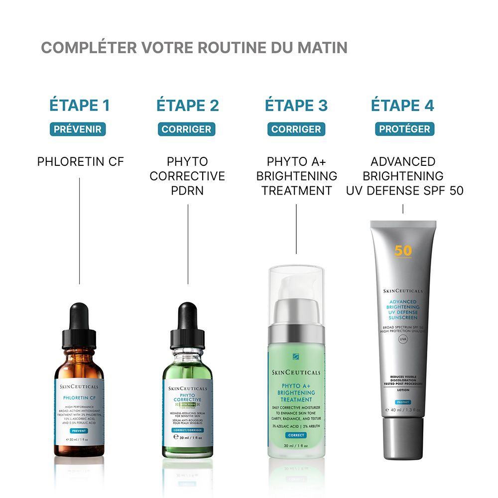 Routine matinale SkinCeuticals : Phloretin CF, Phyto Corrective PDRN, Phyto A+ Brightening Treatment, Advanced Brightening UV Defense SPF 50.