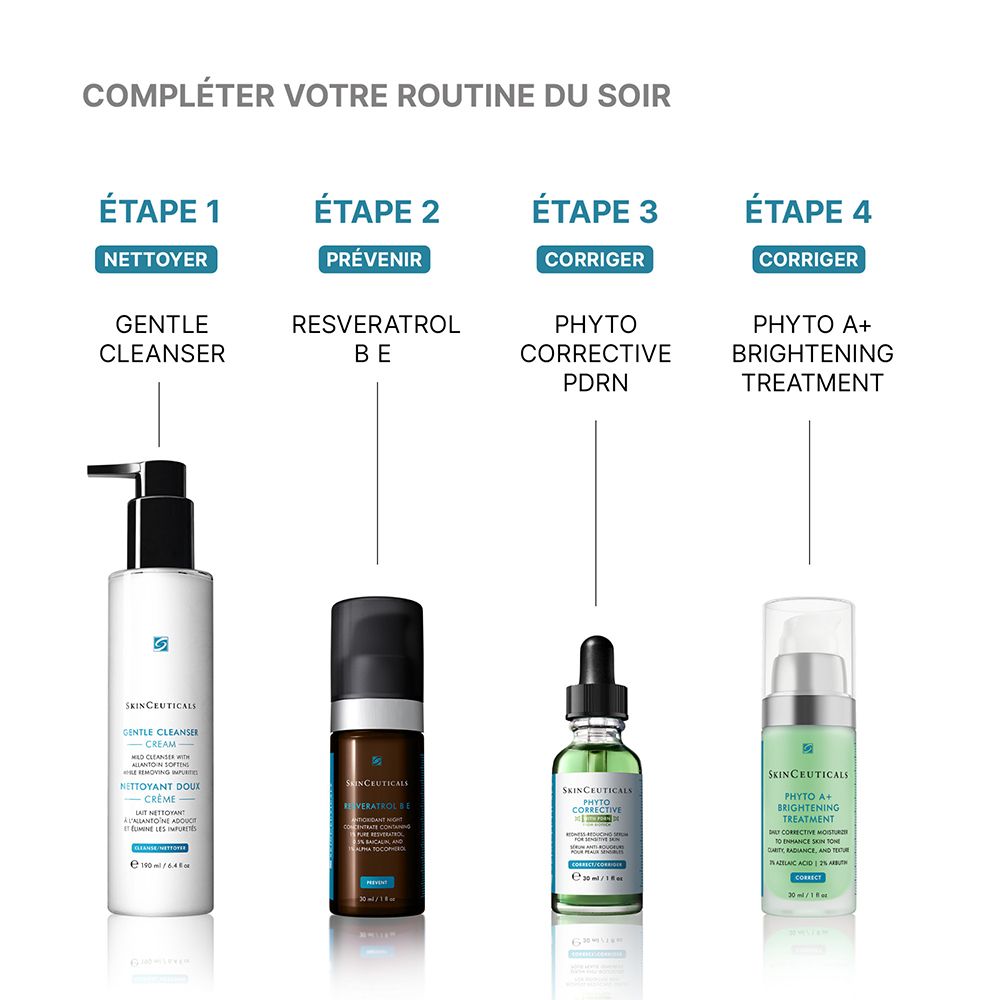 Routine du soir SkinCeuticals : Nettoyant Doux, Resveratrol B E, Phyto Corrective PDRN, Traitement Éclaircissant Phyto A+.