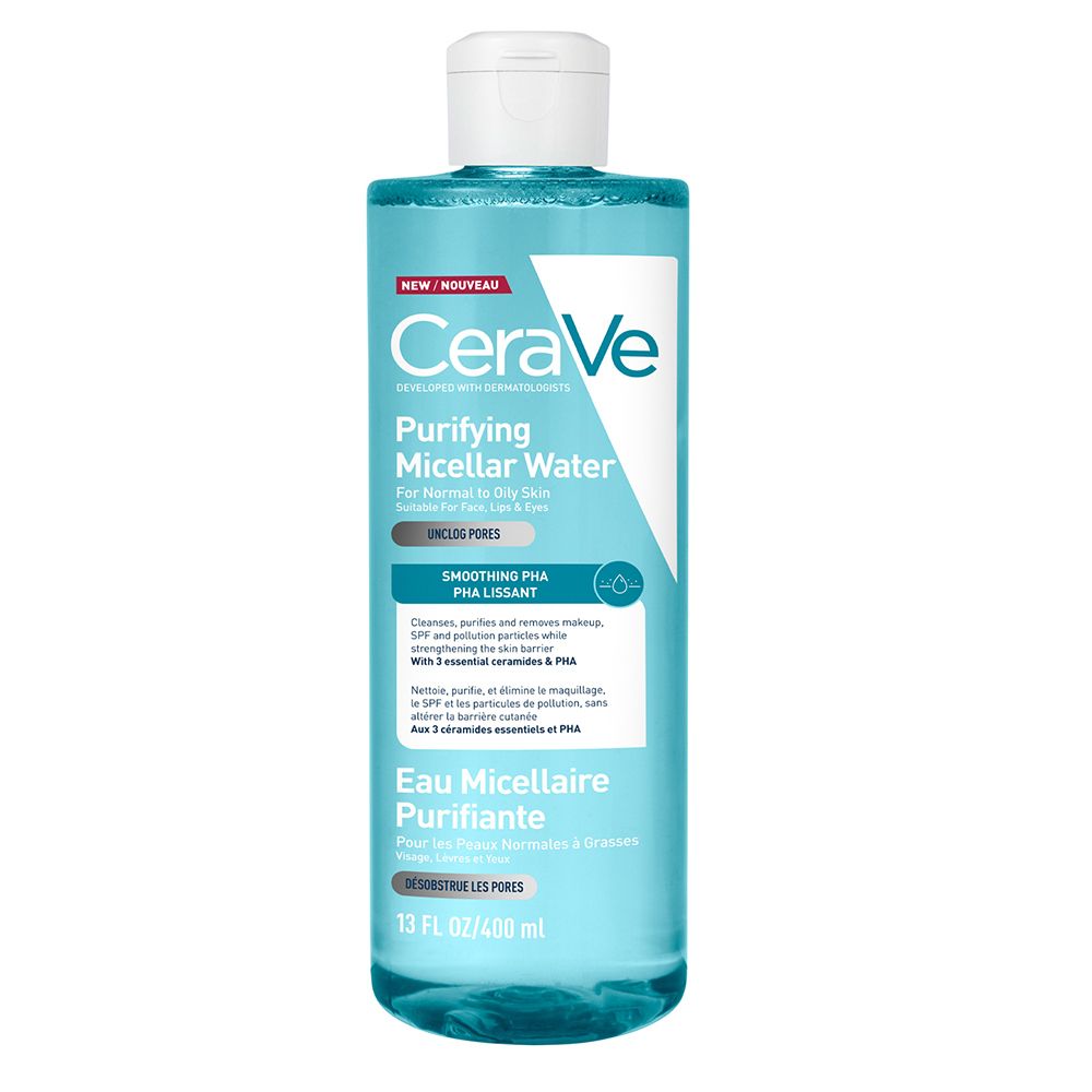 Eau micellaire purifiante CeraVe avec PHA lissant pour peaux normales à grasses, 400 ml.