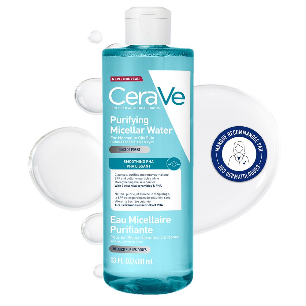 Eau micellaire purifiante CeraVe, 400 ml, avec sceau de recommandation des dermatologues.