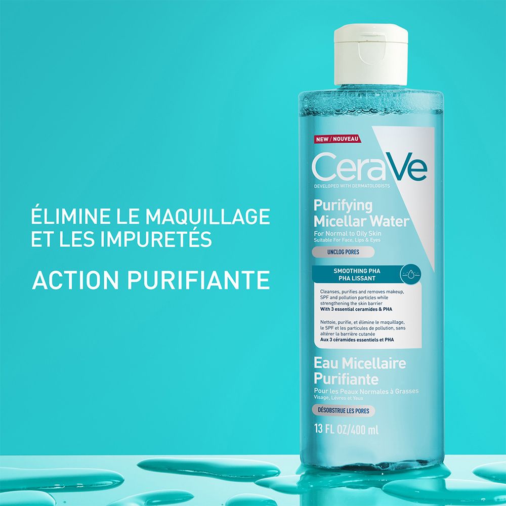 Eau micellaire purifiante CeraVe : élimine maquillage et impuretés, action purifiante.
