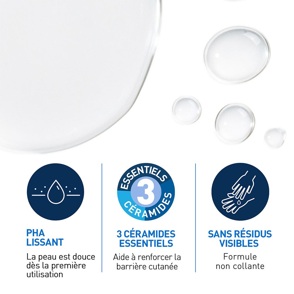 Eau micellaire CeraVe : PHA lissant, 3 céramides essentiels, sans résidus visibles.