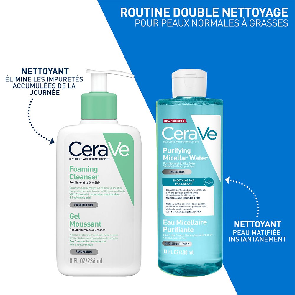 Routine double nettoyage CeraVe : nettoyant moussant et eau micellaire pour peaux normales à grasses.