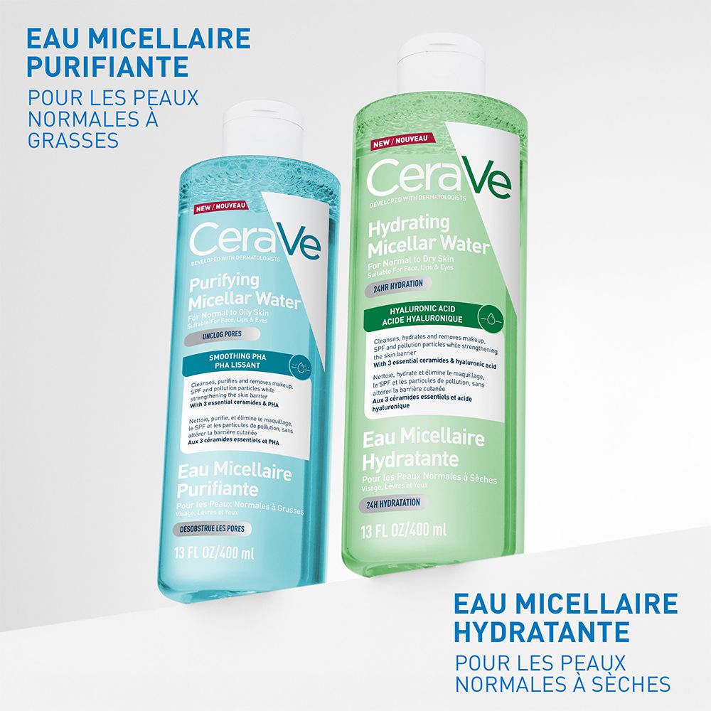 Eau micellaire purifiante CeraVe pour peaux normales à grasses.
