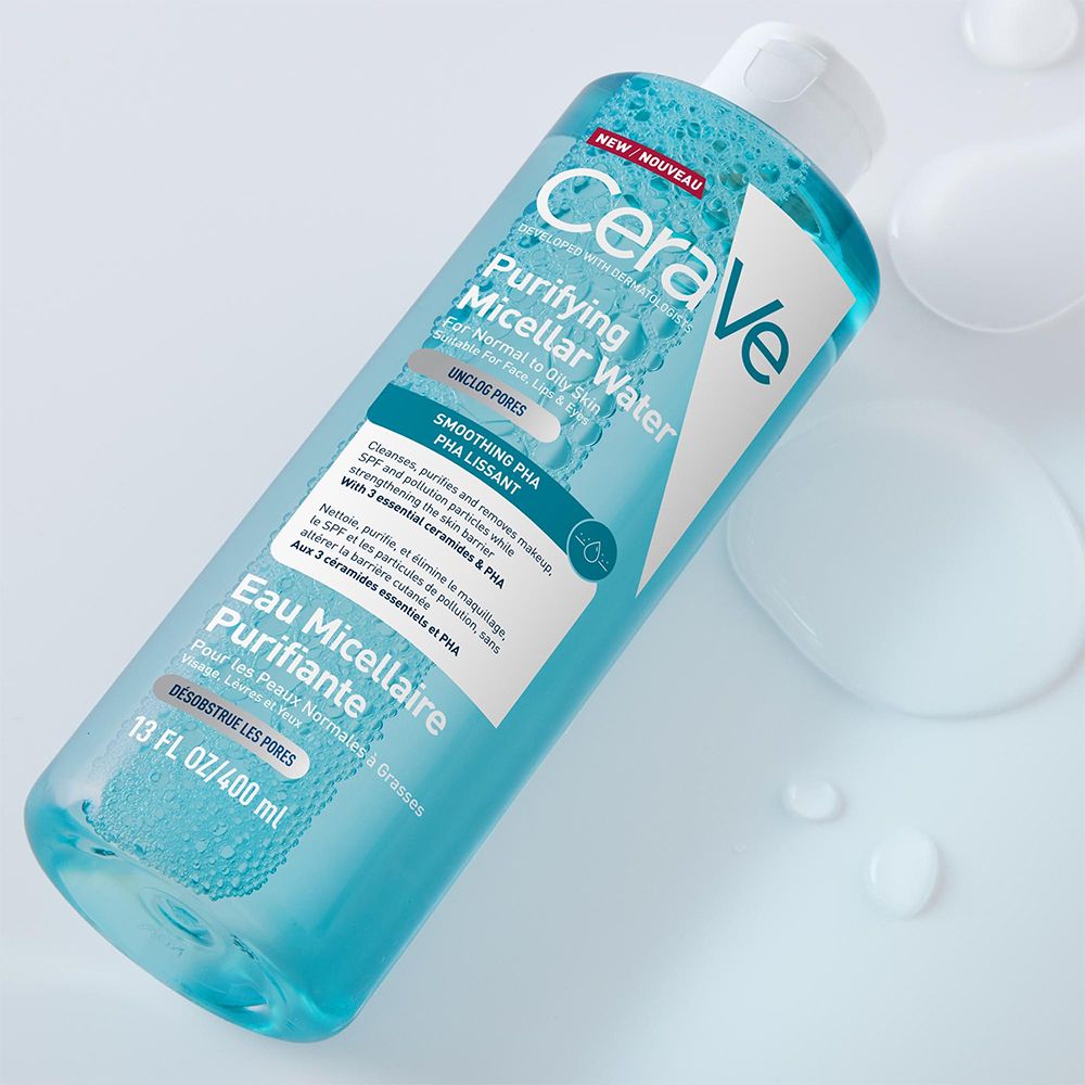 Eau micellaire purifiante CeraVe et eau micellaire hydratante comparées.