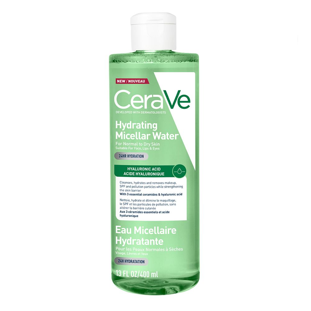 Bouteille d'eau micellaire hydratante CeraVe, 400ml. Liquide clair, bouchon blanc.