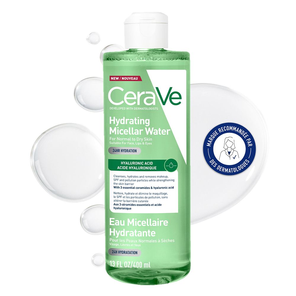 Bouteille d'eau micellaire hydratante CeraVe, 400ml. Avec sceau de recommandation dermatologique.