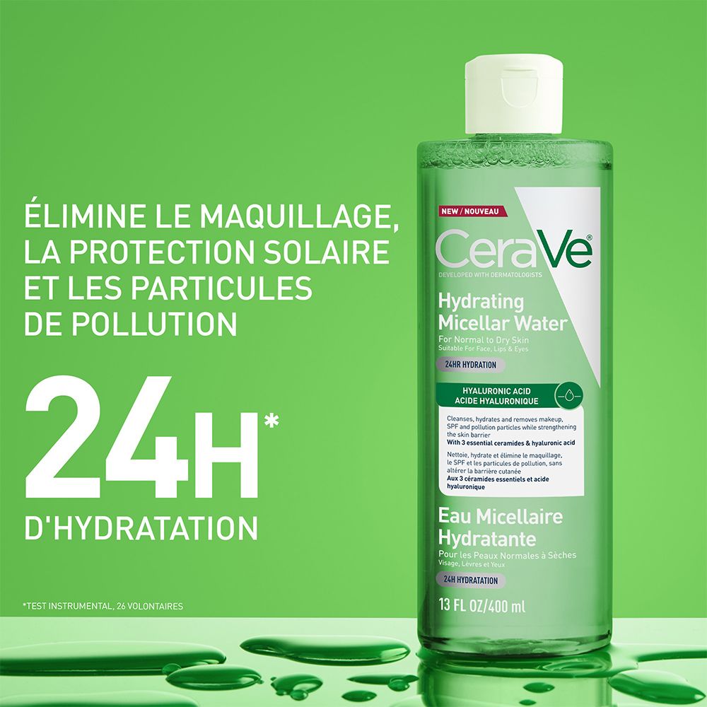Eau micellaire hydratante CeraVe, 400ml. Élimine maquillage, SPF et particules de pollution.