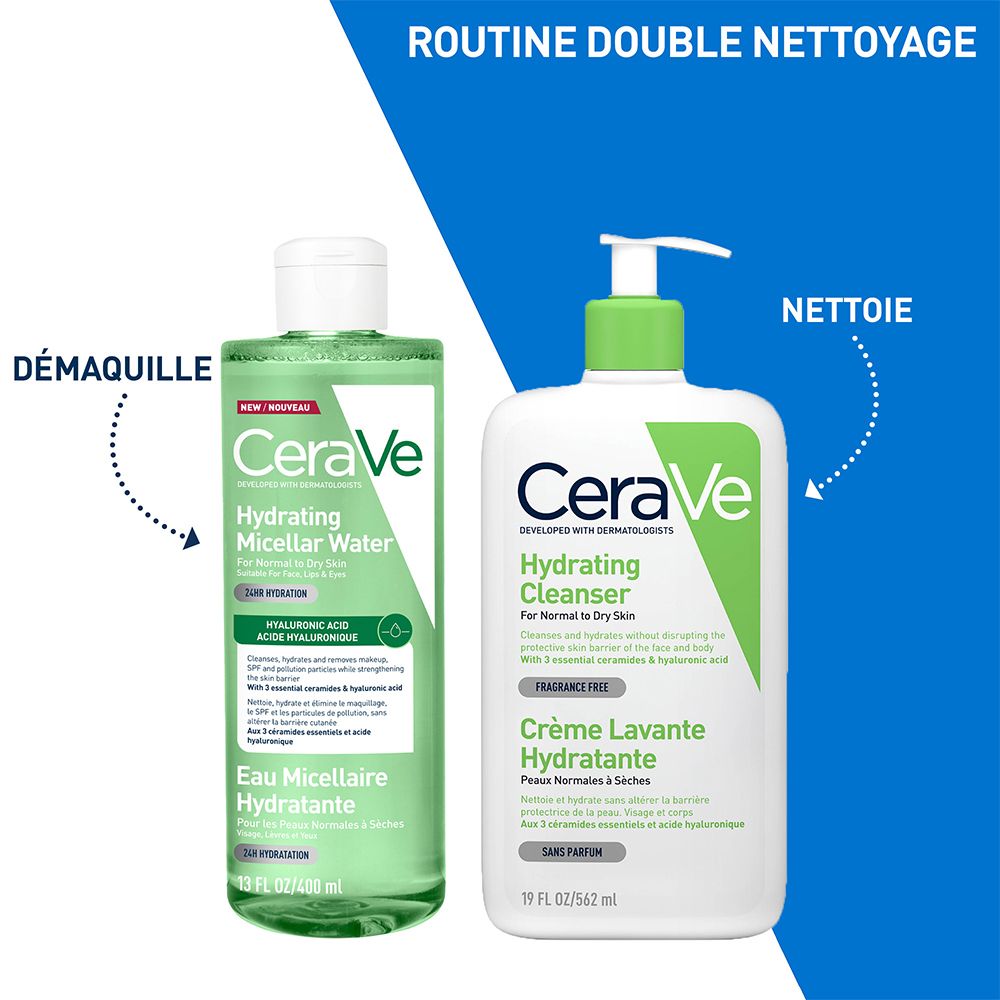 Routine CeraVe : Eau micellaire hydratante (gauche) et Nettoyant hydratant (droite).