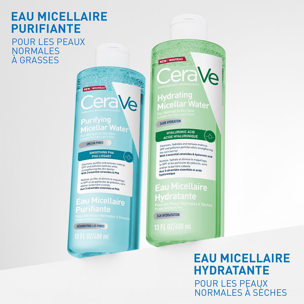 Eau micellaire hydratante CeraVe (droite) et Eau micellaire purifiante (gauche).