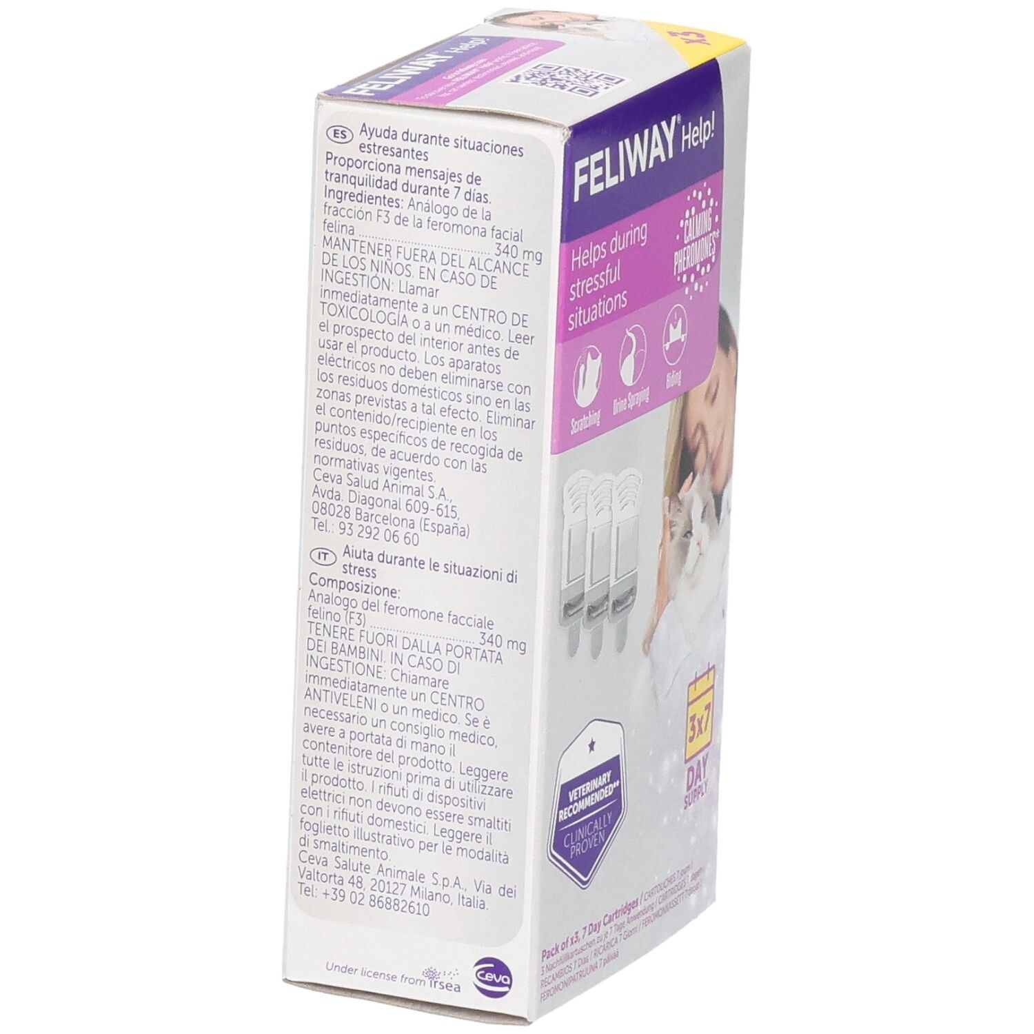 Arrière du pack FELIWAY Help! de 3 cartouches de 7 jours. Contient des instructions d'utilisation.