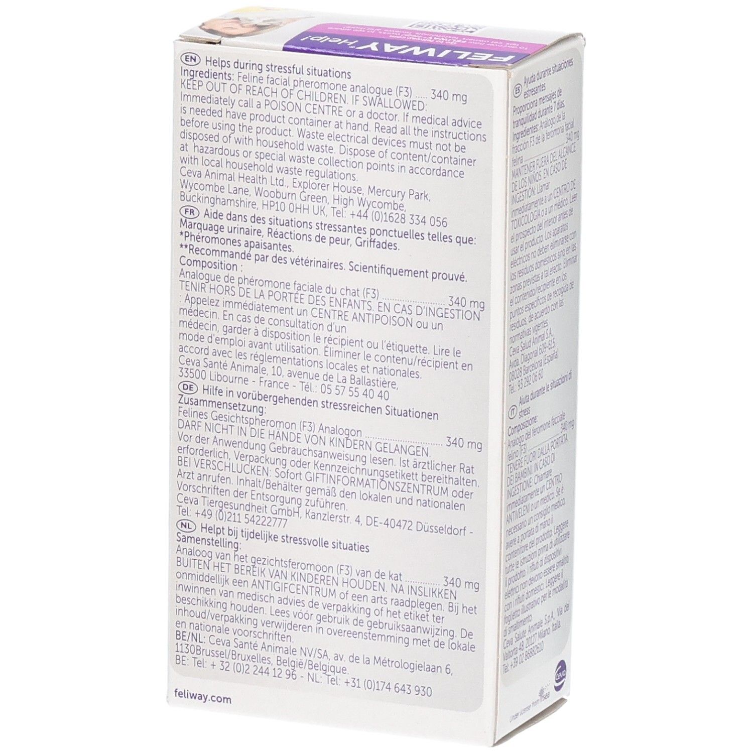 Vue latérale du pack FELIWAY Help! de 3 cartouches de 7 jours. Informations multilingues.