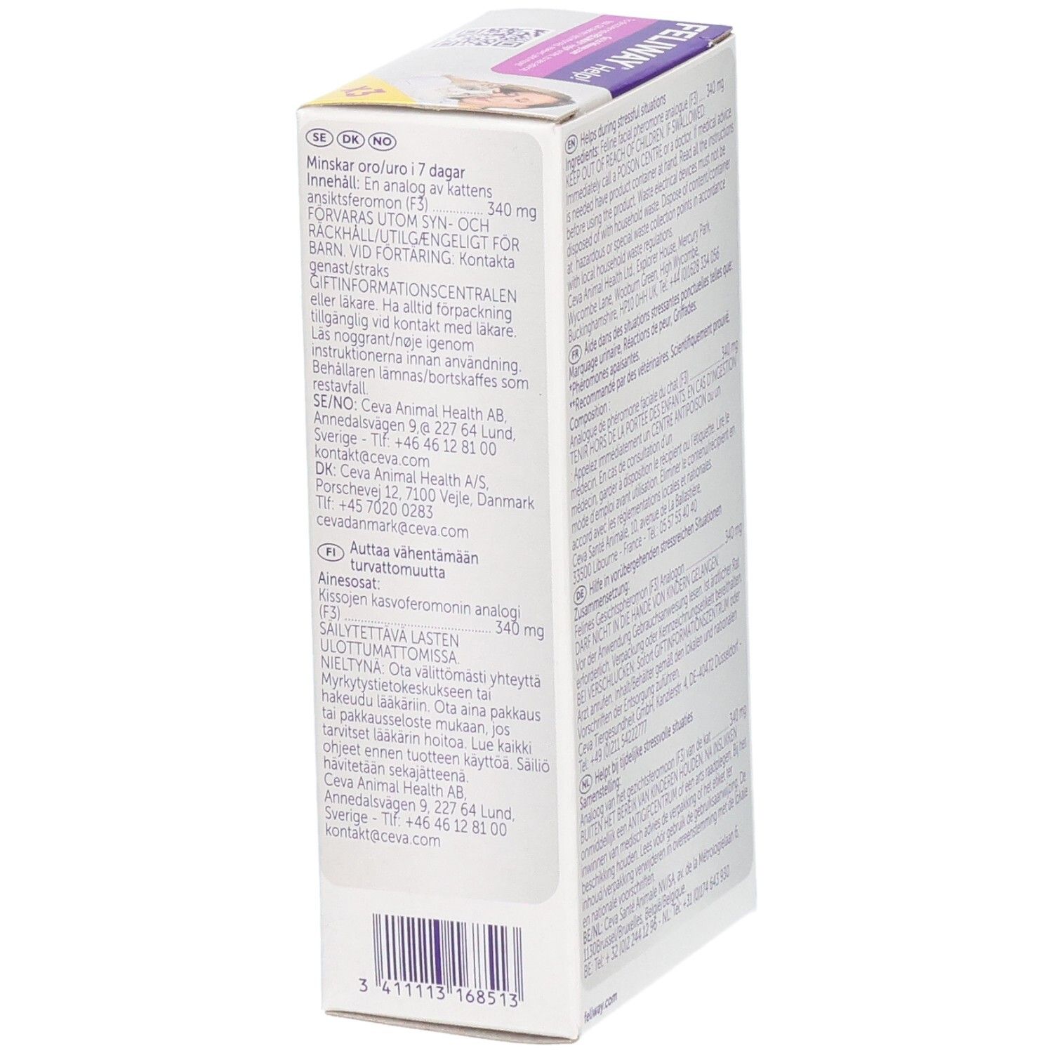 Vue latérale du pack FELIWAY Help! de 3 cartouches de 7 jours. Contient des informations produit.