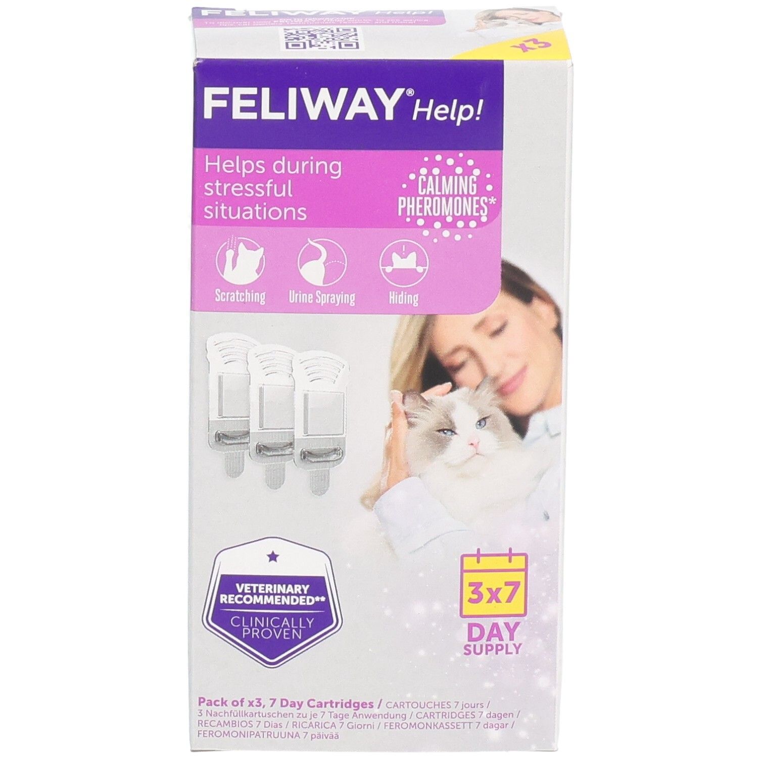Face avant du pack FELIWAY Help! de 3 cartouches de 7 jours. Phéromones apaisantes pour chats.