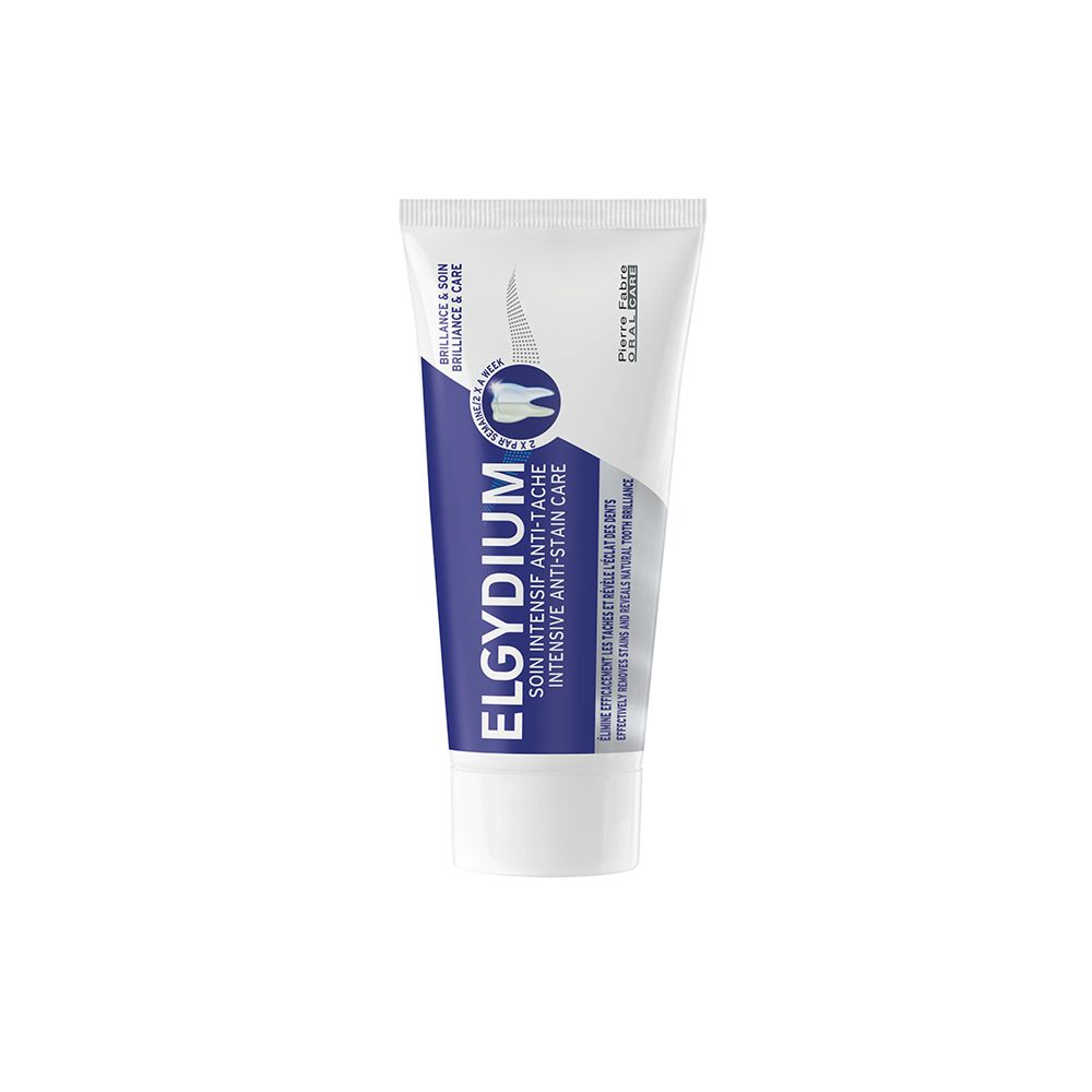 Tube de dentifrice ELGYDIUM CURE Anti-tache Brillance & Soin.