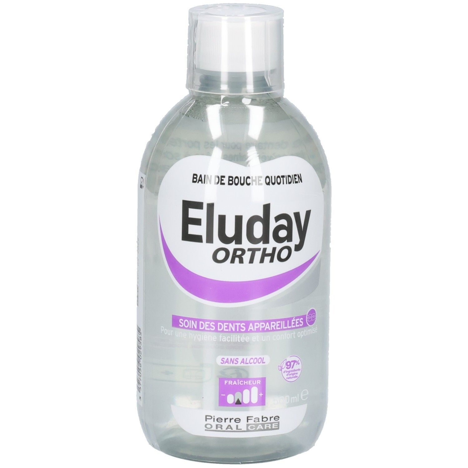 Bain de bouche Eluday Ortho dans une bouteille transparente avec bouchon blanc. Étiquette avant avec accent violet.