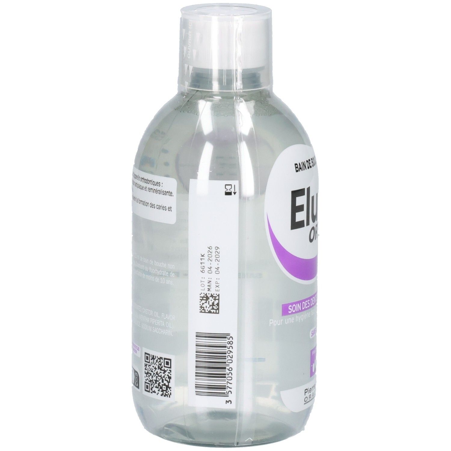 Arrière de la bouteille de bain de bouche Eluday Ortho avec code-barres et date d'expiration.