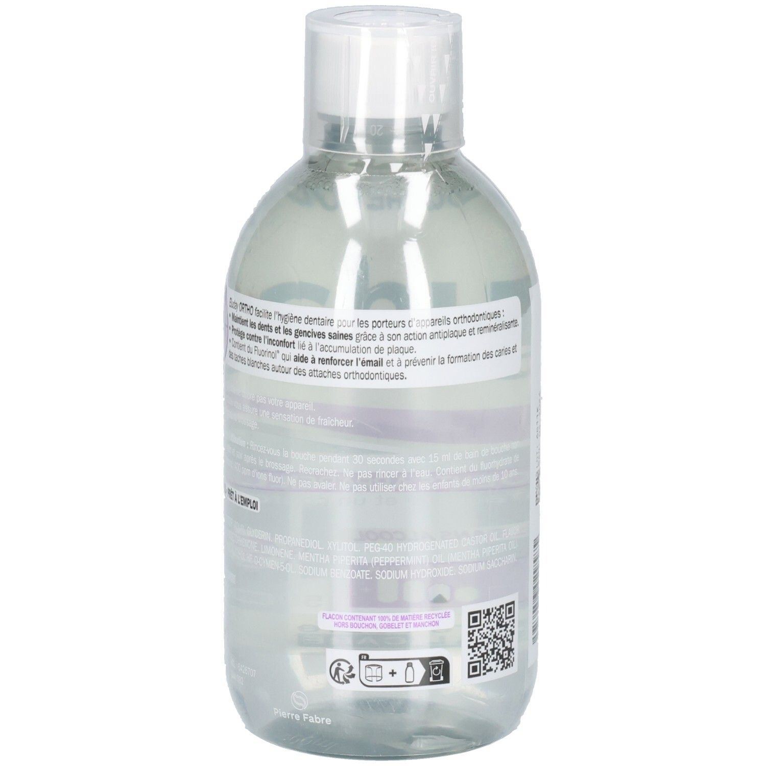 Vue latérale de la bouteille de bain de bouche Eluday Ortho avec instructions d'utilisation détaillées sur l'étiquette.