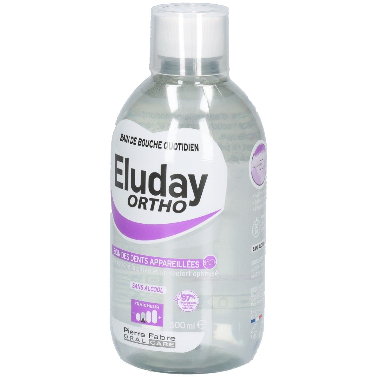 Bain de bouche Eluday Ortho dans une bouteille transparente. L'étiquette avant indique le nom du produit et un élément de design violet.