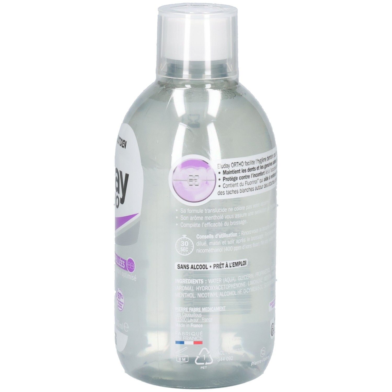 Vue latérale de la bouteille de bain de bouche Eluday Ortho avec informations sur les ingrédients et l'utilisation.