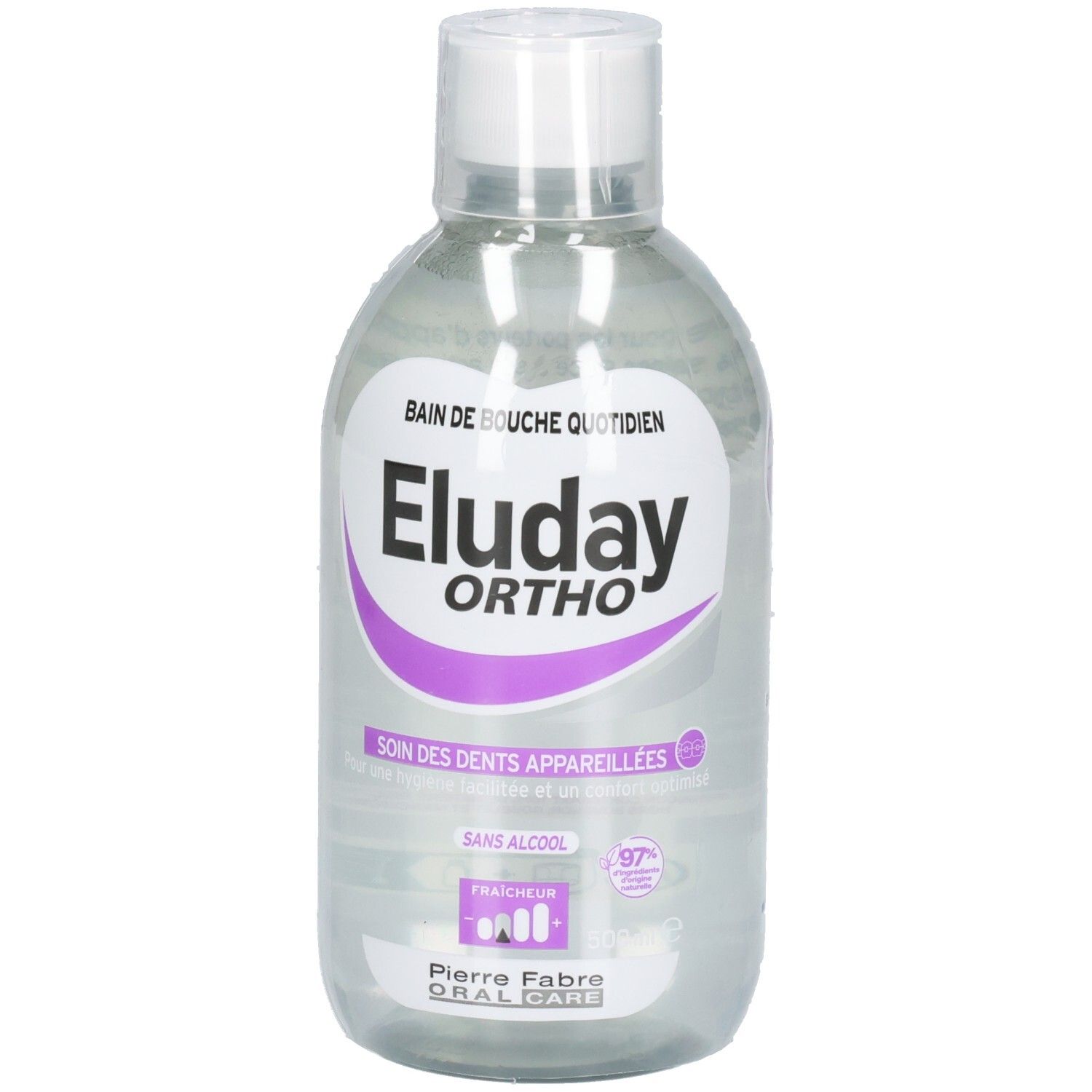 Bain de bouche Eluday Ortho dans une bouteille transparente. Étiquette avant avec accent violet, nom du produit et 'Sans Alcool'.