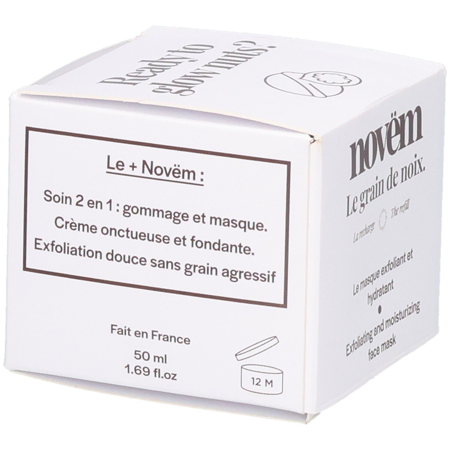 Novem Le grain de noix: Vue latérale de la recharge, 50 ml, Fabriqué en France.