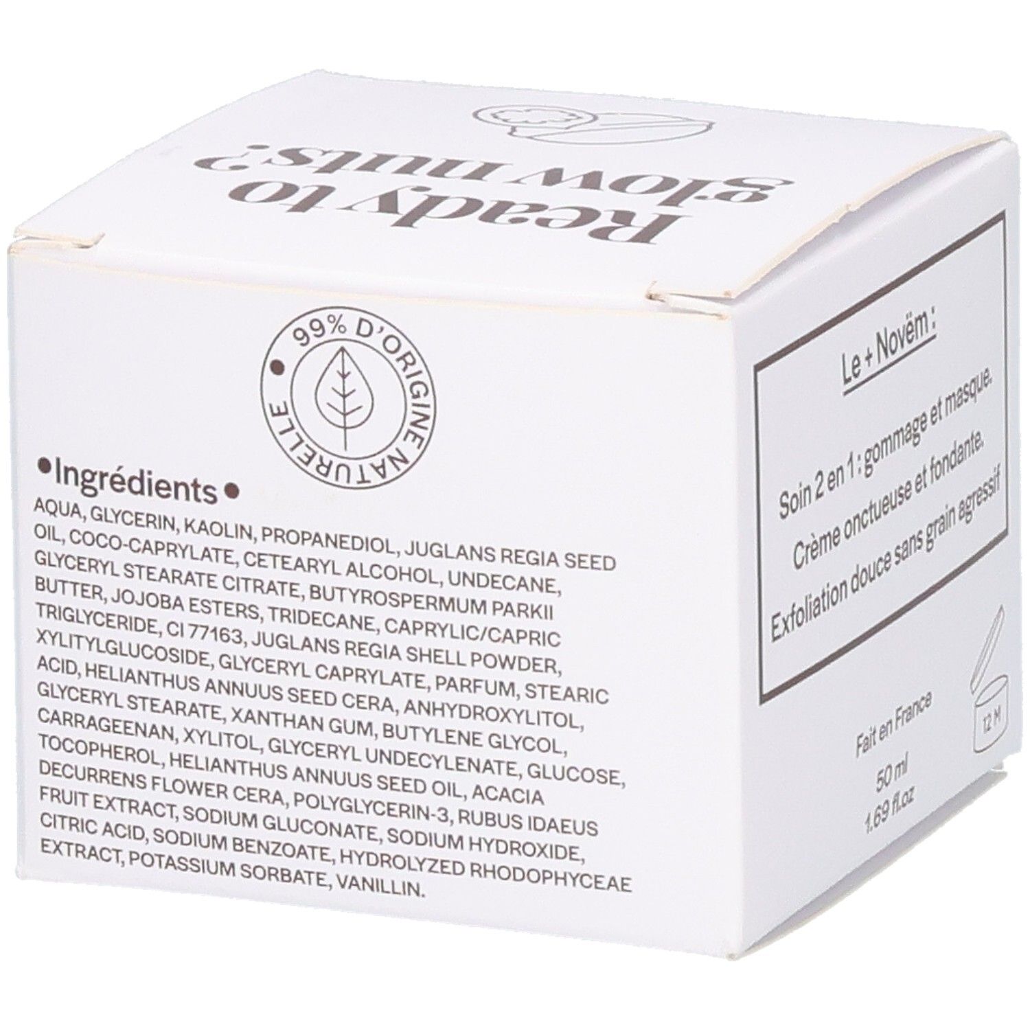 Novem Le grain de noix: Emballage avec liste d'ingrédients et certification 99% origine naturelle.
