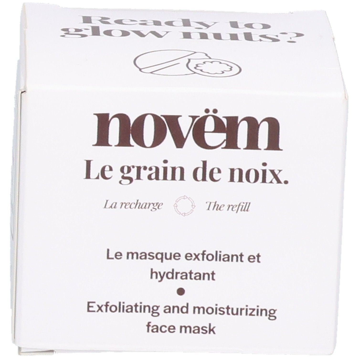 Novem Le grain de noix: Vue avant de la recharge pour masque visage exfoliant et hydratant.