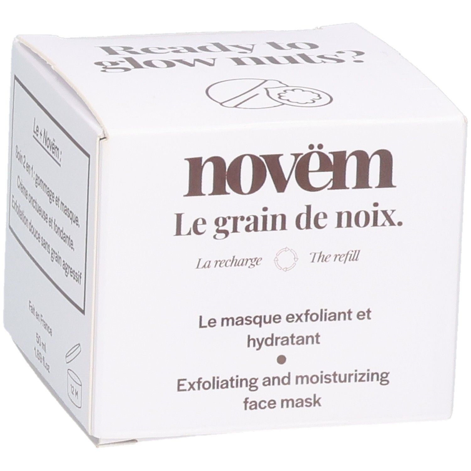Novem Le grain de noix: Recharge avec nom du produit et description multilingue.