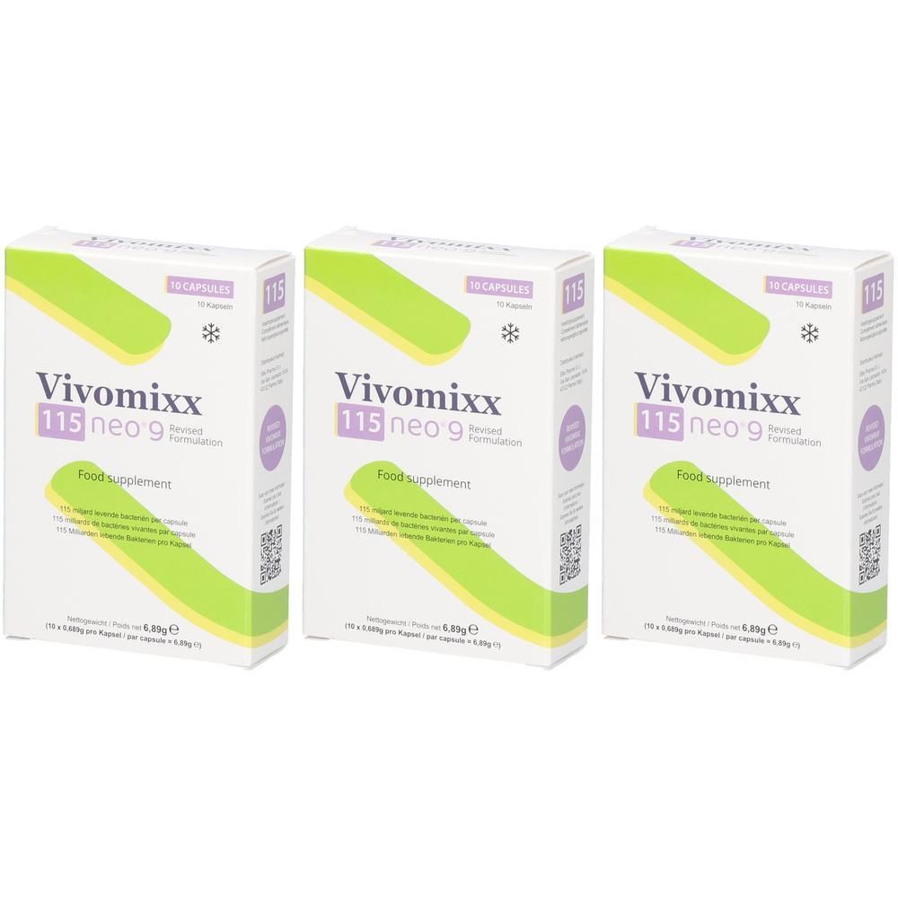 Trois boîtes de Vivomixx neo 9, complément alimentaire, 15 gélules par boîte.
